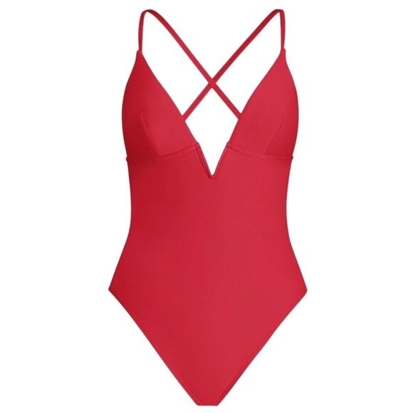 Cupshe Womens One-Piece Swimsuit XL Red Plunge Neckline V-Wire Cross-back Strap - Picture 5 of 10